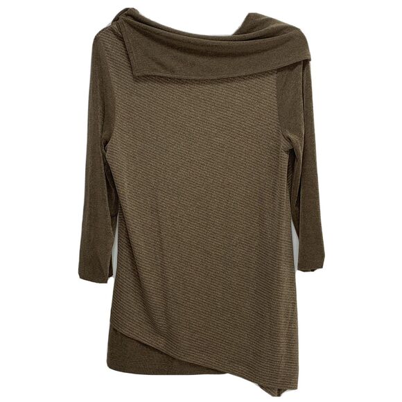 Chicos Travelers Womens Slinky Knit Brown Gold Ribbed Asymmetric Hem Top Sz 0 S - Picture 2 of 10